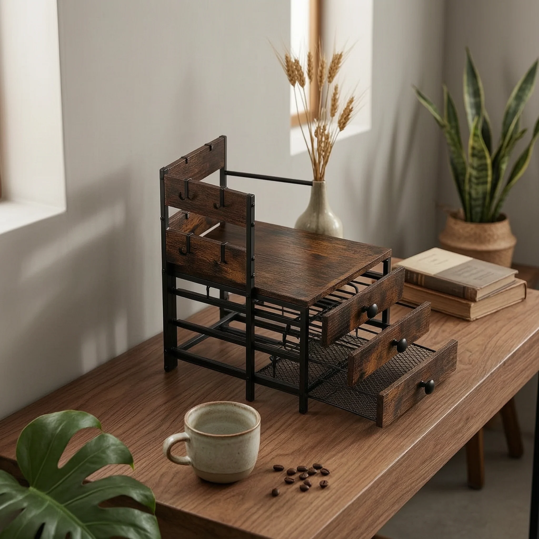 Coffee Bar Shelf with Drawers Rustic Coffee Station Organizer with Drawer Mug Holder Sturdy Furniture Multifunctional
