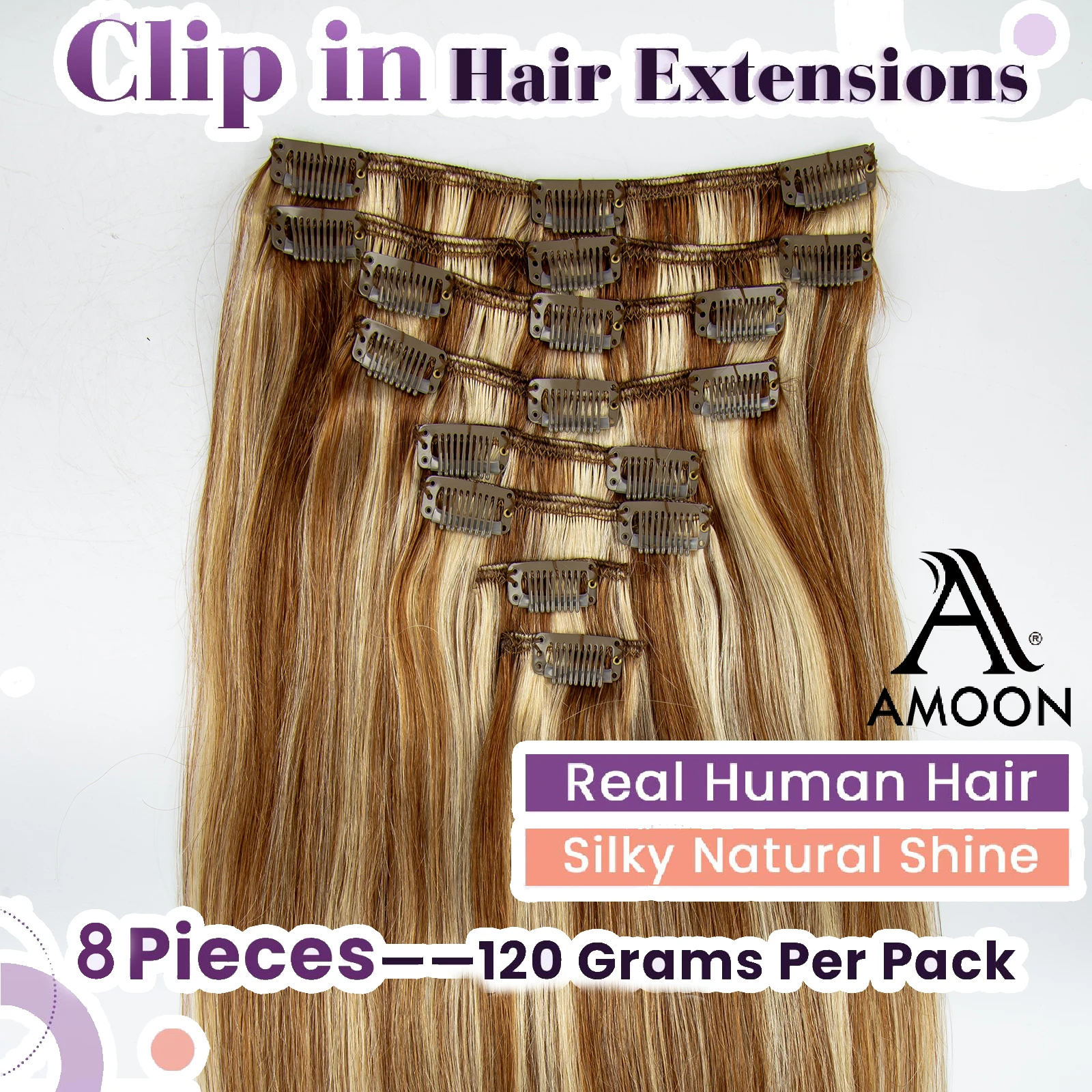 

Amoon Highlight 8/613# Clip in Hair Extensions Real Natural Hair Remy Straight Set 8 Pcs Brazilian Clip in Human Hair Extensions