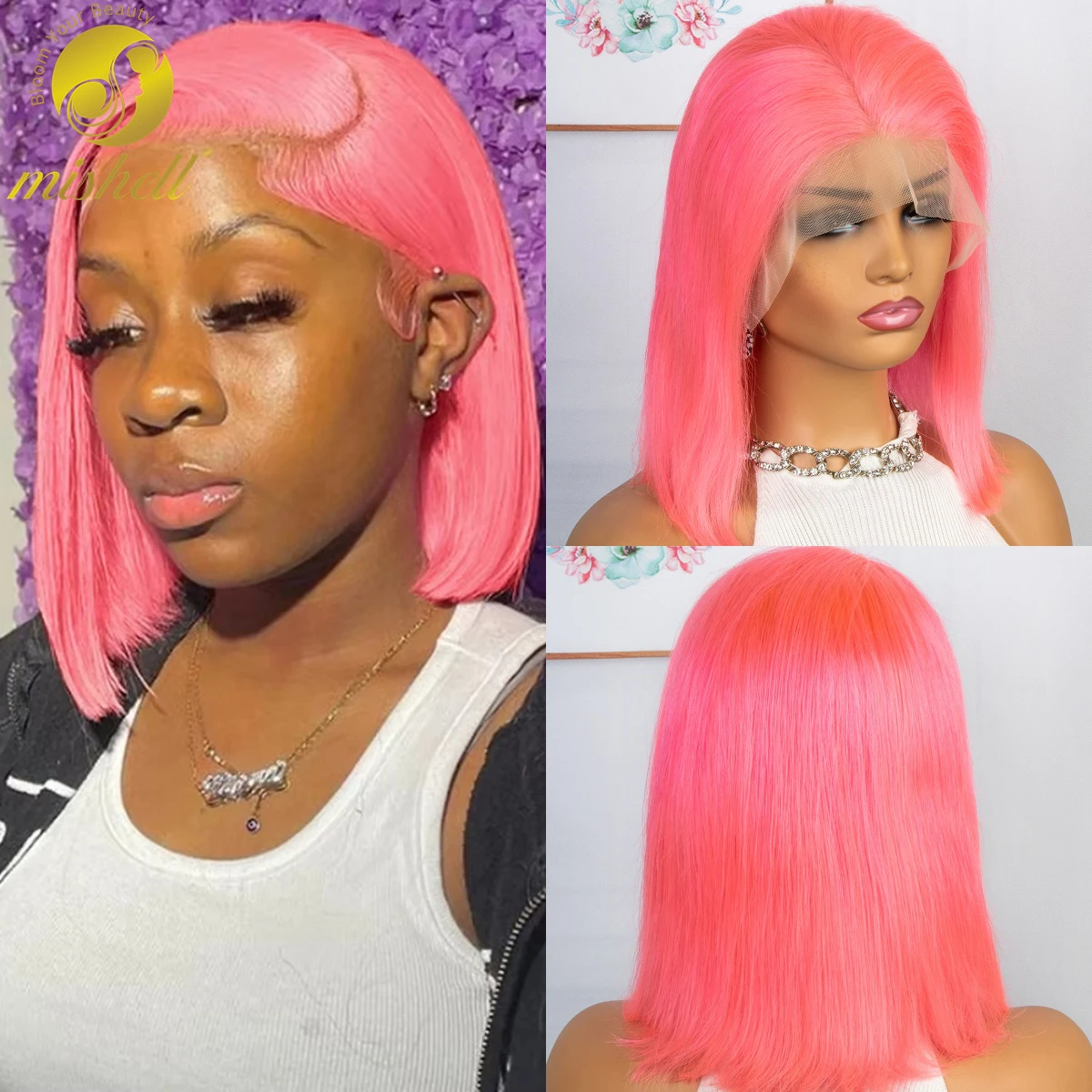 

200% Density Pink Color Bob Wig Human Hair 13x4 Transparent Straight Lace Front Wigs Pre Plucked with Baby Hair for Black Women