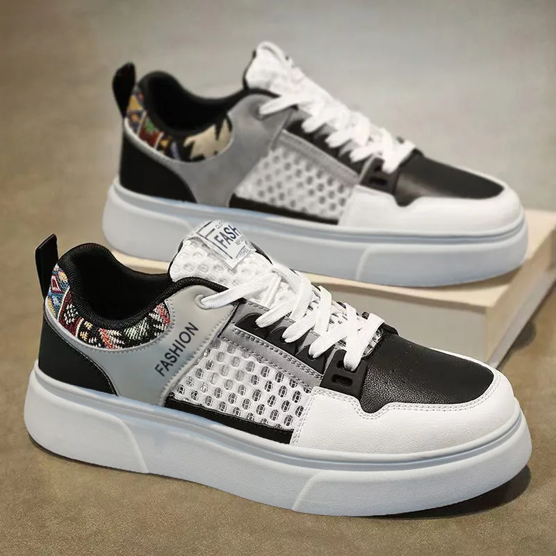 

Men's Breathable Mesh Casual Sneakers Ethnic Patchwork Thick Sole Platform Board Shoes for Man Summer New Lace Designer Shoes