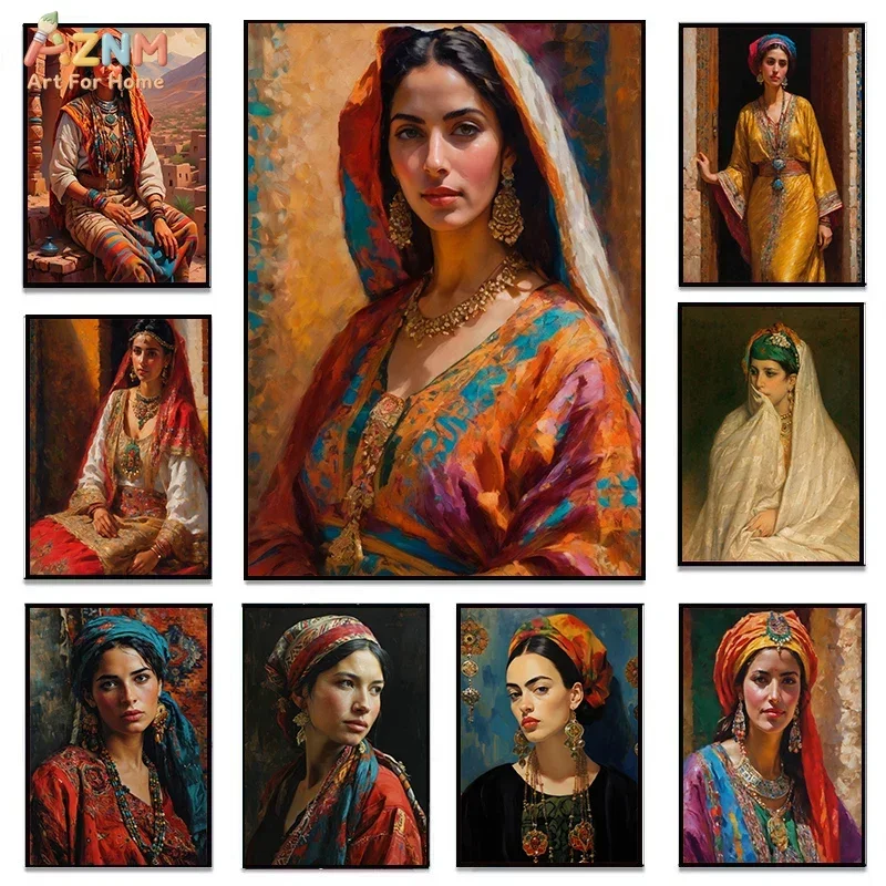 AZNM Ethnic Moroccan Woman Portrait Canvas Wall Art Traditional Tribal Lady Vintage Oil Painting Poster Bohemian Home Unframed P