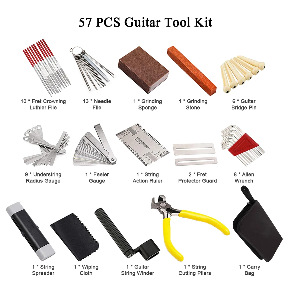 Guitar Tool Kit com Carry Bag, Ferramentas de Reparação, Cordas, Ação Régua, Luthier, arquivo, ponte Pins, guitarra, Ukulele, 16, 57, 74pcs