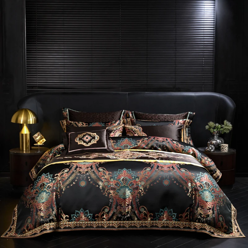 Royal Black Gold Jacquard Weave Chic Embroidery Duvet cover Flat sheet Bedpread Pillowcases Opulent Multi-Pcs Collection Bedding