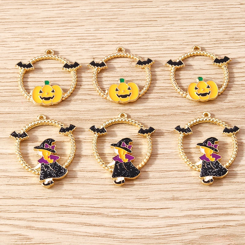 10pcs 23x29mm Cute Enamel Halloween Witch Pumpkin Charms Pendants for Jewelry Making Earrings Necklace Bracelets DIY Crafts Gift