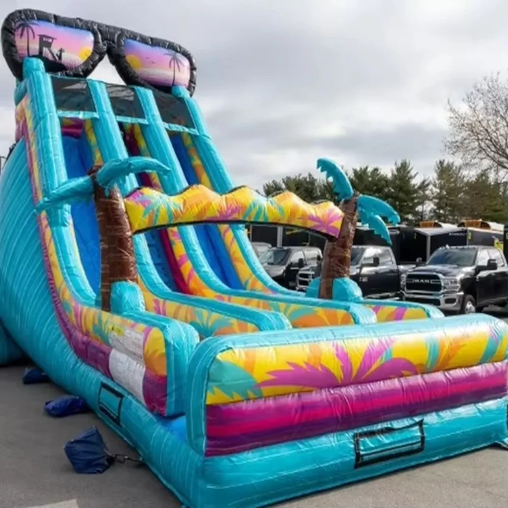Inflatable Dry Slide Dual Lane Beach Sunglasses Tropical Wet Bouncer For Kids Adults Summer Backyard Water Party