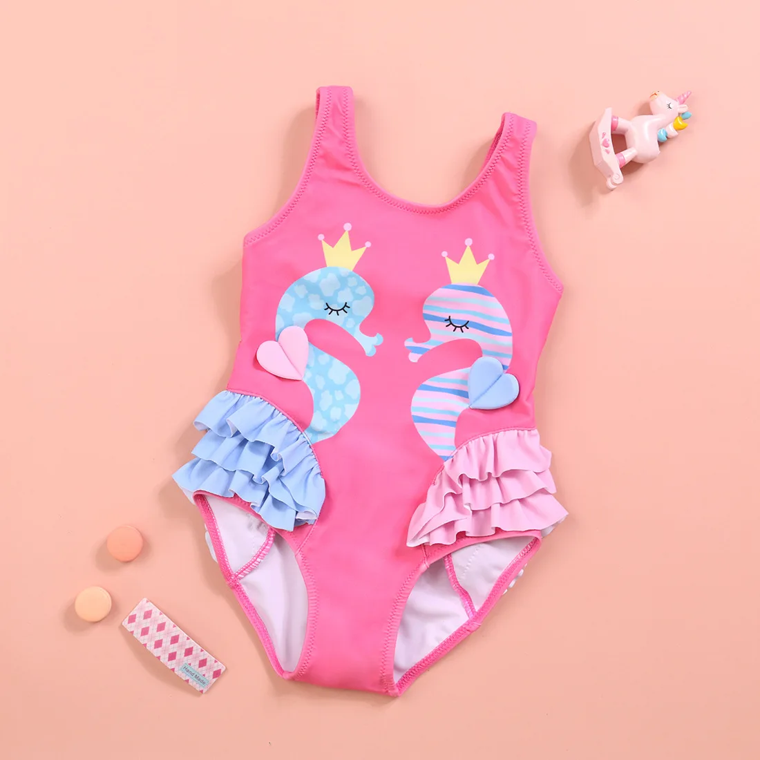 

Summer New Girl's One Piece Swimsuit Cute Ruffle Edge Flamingo Girl Baby Comfortable High Elastic High Quality Swimsuit