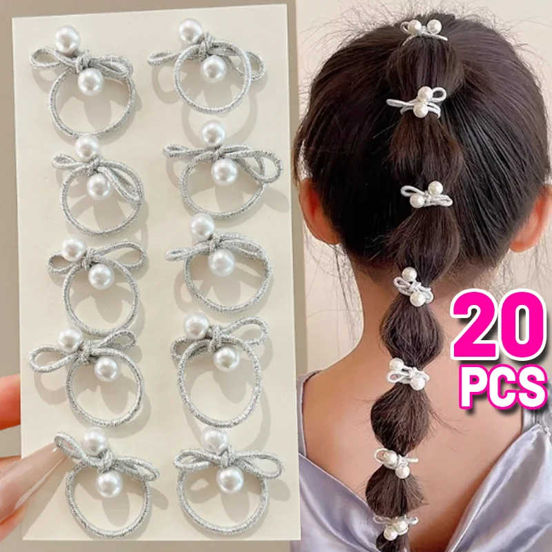 Modische Kinder-Haargummis mit Zopfmuster, Koreanische Silberfarbene Schleifen, Hochelastische Haarbänder, Perlen-Kopfschmuck, Niedliche Mädchen-Haarschmuck, Haarseil