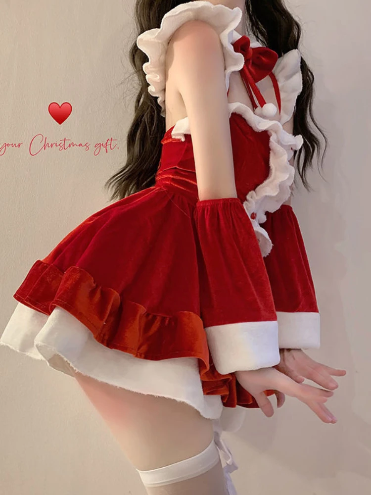 Christmas Women Evening Dress Cosplay Santa Costumes Red White Short Skirt Fun Clothing Elegant Role Playing Outfit Garment