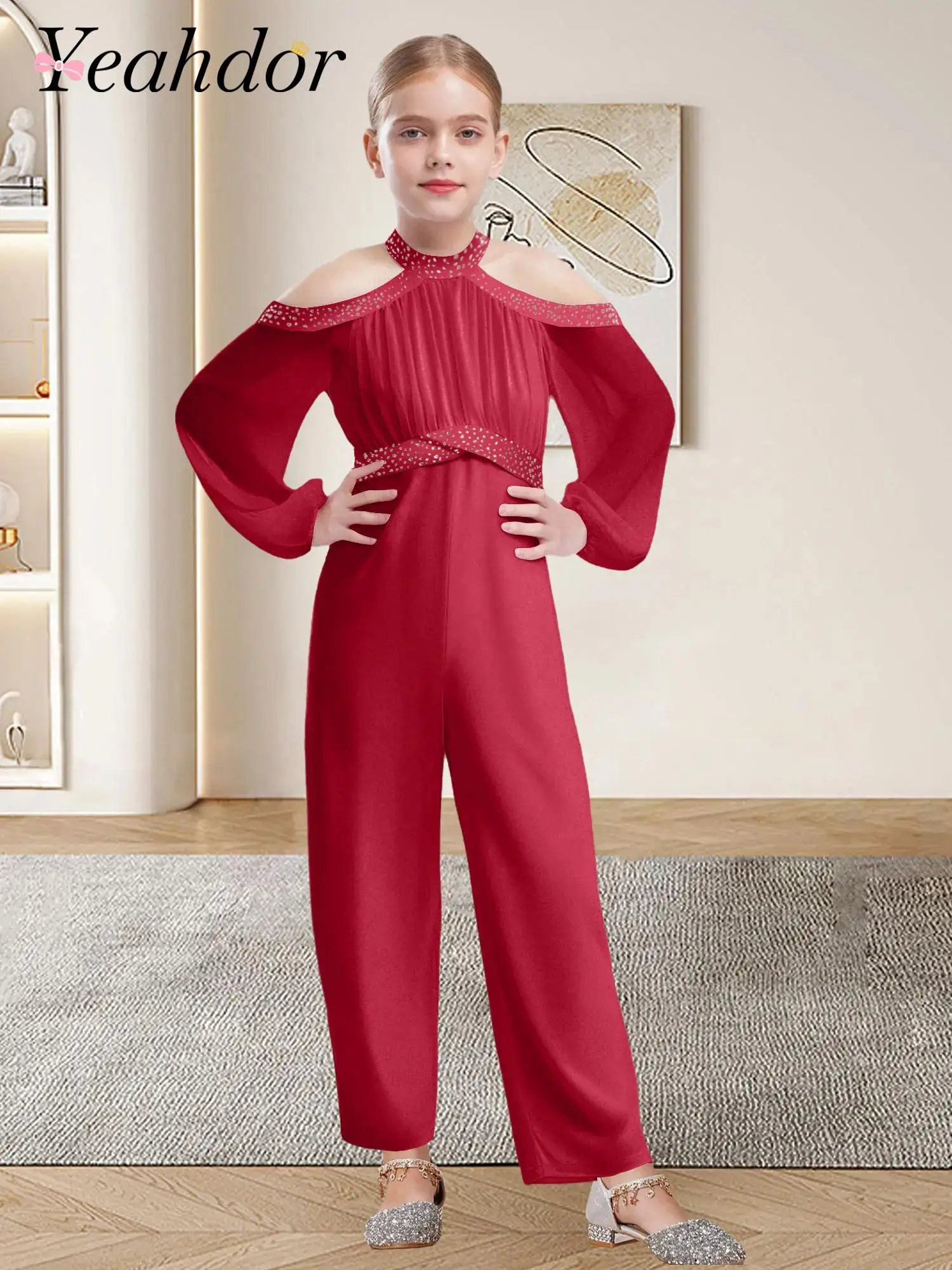 

Kid Girls Ruched Chiffon Jumpsuit with Belt Elegant Party Rompers Children's Clothing Long Pants for Prom Wedding Jumpsuits