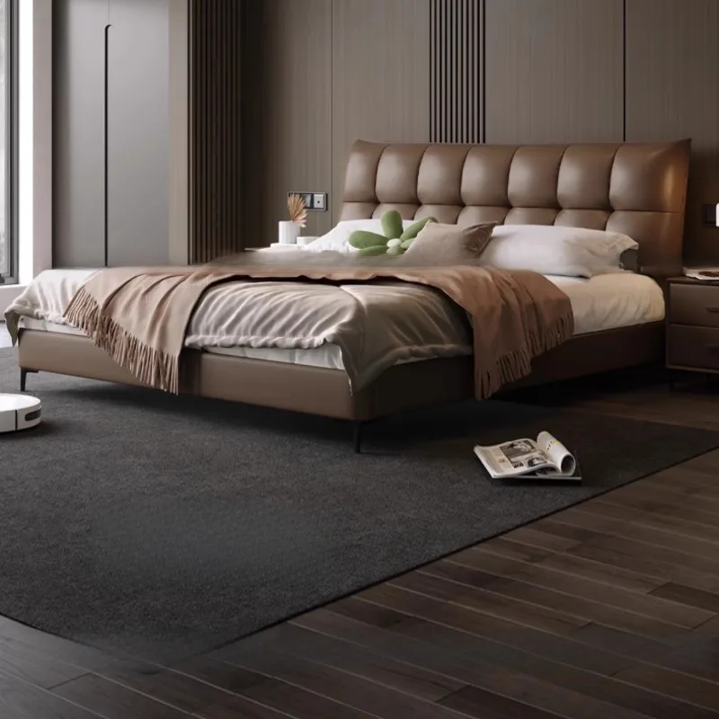 سرير مزدوج أبيض ثقيل مصنوع من الجلد وبسيط وعالي وحديث وإطار سرير مزدوج للتخزين أثاث غرفة نوم كاما الزوجية الفاخرة #4