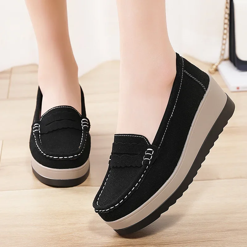 2024 Women Platform Wedge Loafers Autumn Ladies Suede Leather Moccasins Shoes Woman Slip on Walking Casual Shoes Zapatos Mujer