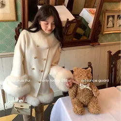 Women Coat 2024 New Palace Style Imitation fox fur Double Breasted Socialite Medium Long Woolen fur fur Cotton Thick Coat Sweet