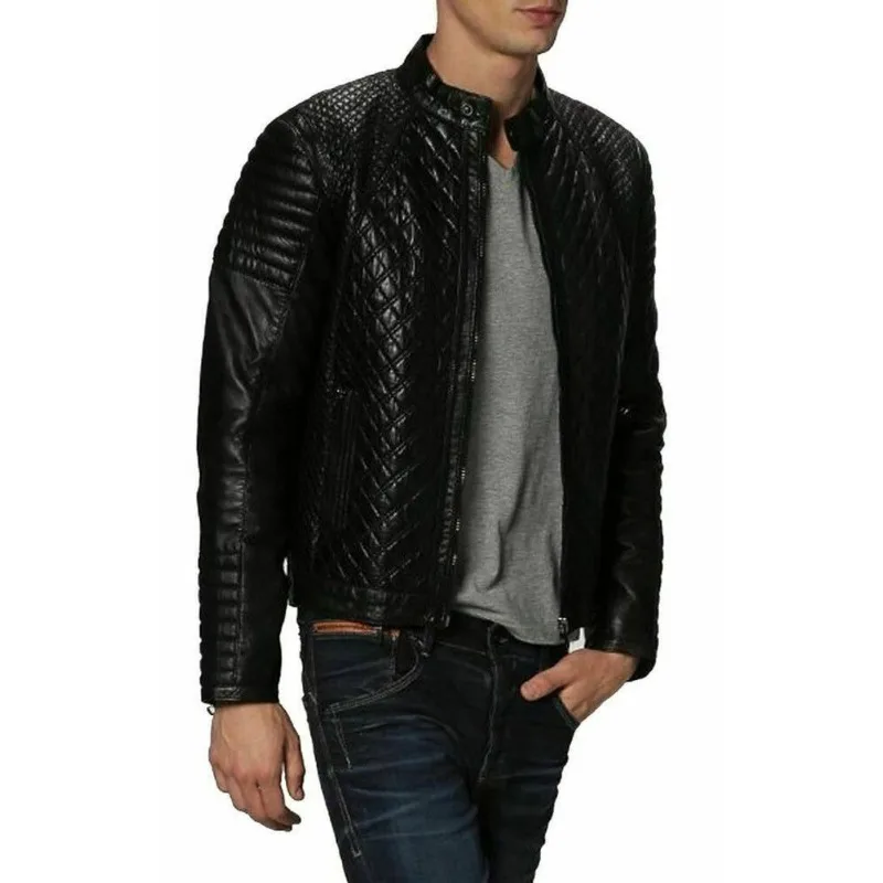 Black Men's Quilted Leather Jackets Motorcycle Bomber Biker Leather Jacket