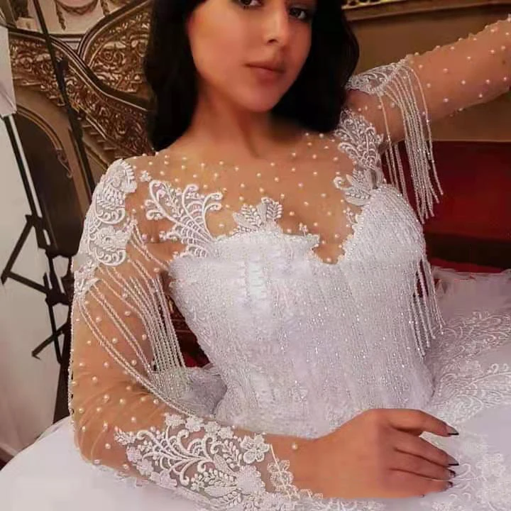 Abiti da sposa personalizzati con abito da ballo alla moda Abiti da sposa con maniche lunghe da donna Appliques Perle Nappa Abiti da sposa Vestido De Noiva formale