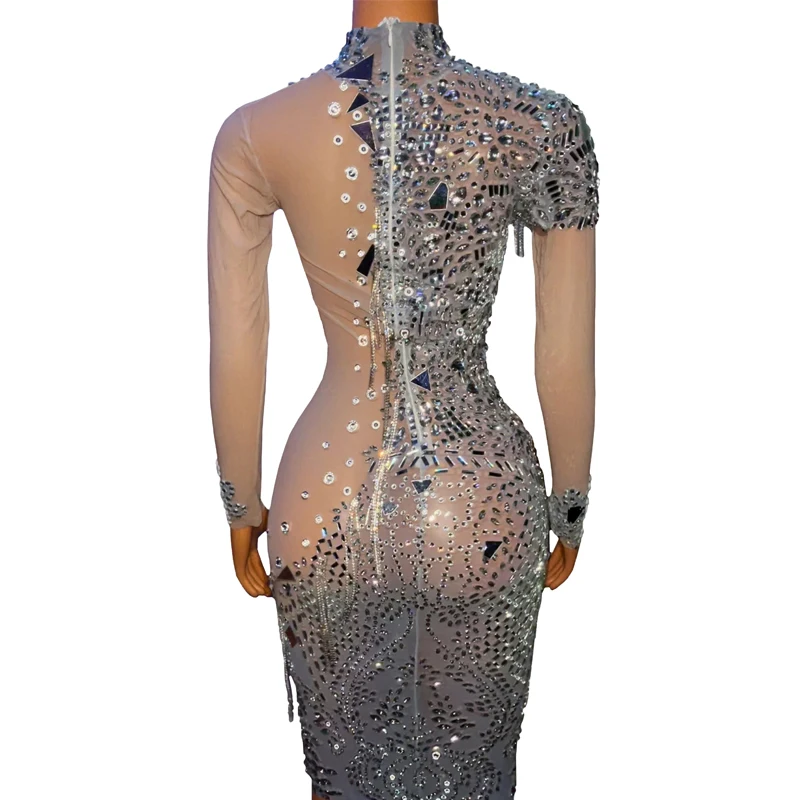 Women'S Mesh Rhinestones Dress Sexy Party Tassels Dress Stage Festival Outfit Bar Nightclub Dj DS Gogo Dance Costume XS6497