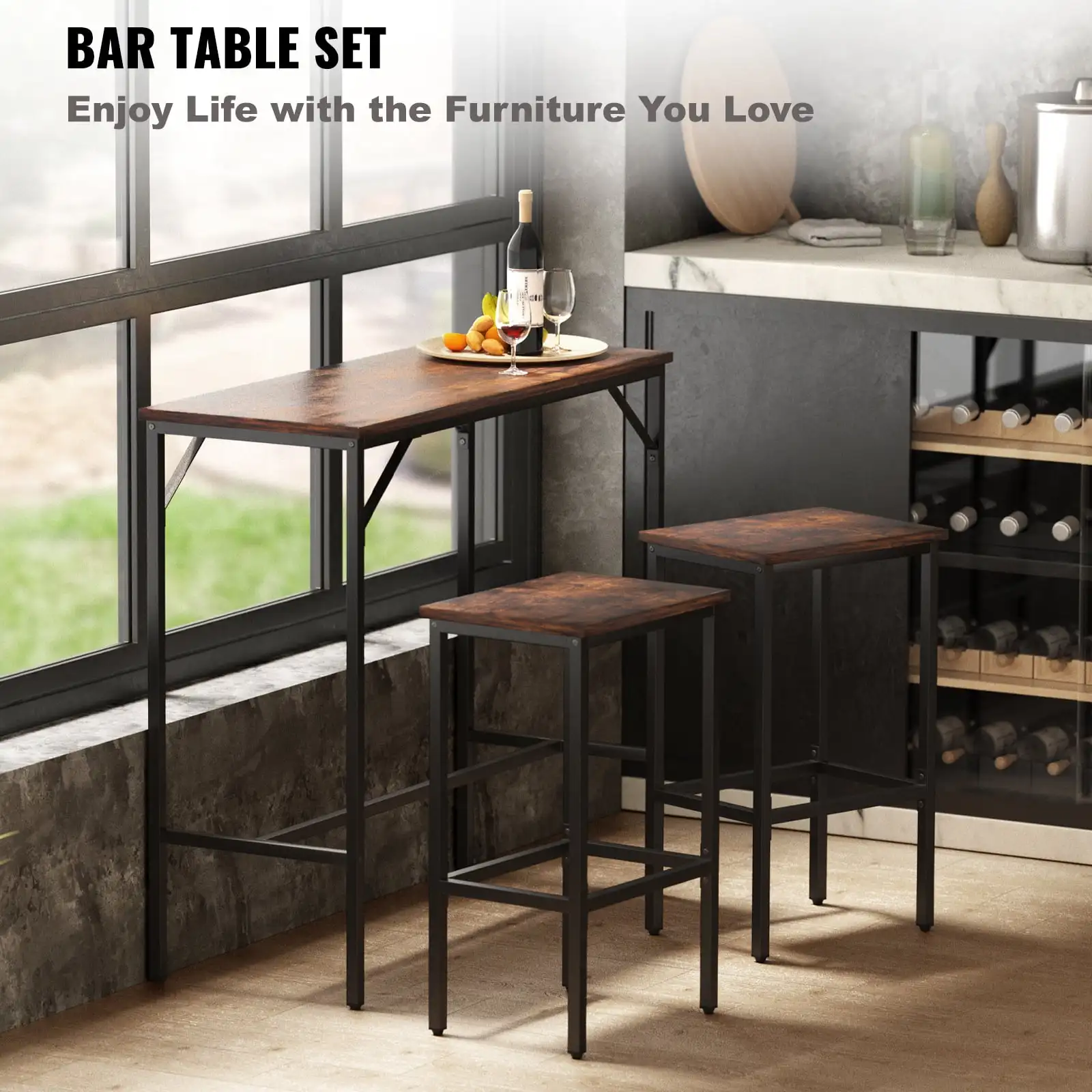 3 Piece Bar Table and Chairs Set, Pub Table Set w/ 2 Stools, Steel Frame 39" Counter Height Dining Sets, Rustic Brown
