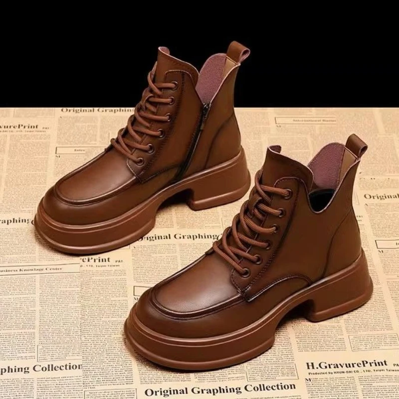 جولة تو منصة الدانتيل متابعة الجوارب الجلدية الصوف مبطن حذاء من الجلد للنساء الخريف الشتاء الاتجاه 2025 القوطي امرأة أحذية قصيرة #5