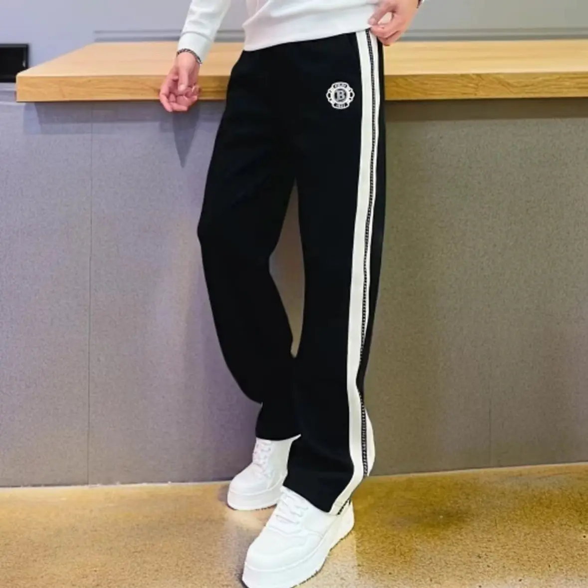 2025 Spring and Autumn Men's Casual Pants Fashion Straight Pants Striped Splicing Elastic