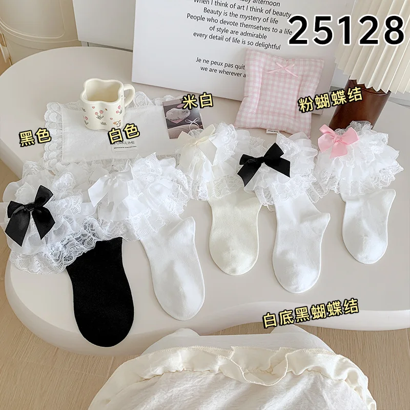 Sweet Lolita Women Princess Socks Girls Comfortable Socks Harajuku Cute Multi-ply Pink Lace Bow Tie Socks Student Cotton Socks