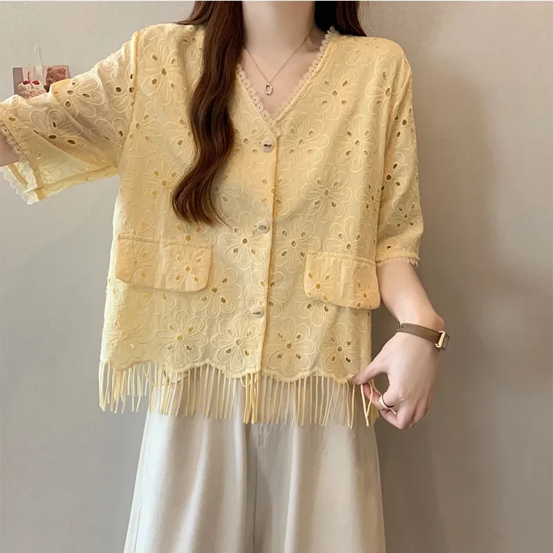 Yellow Floral Embroidered Lace Blouse with Tassel Hem V Neck Half Sleeve Boho Style Women Casual Top