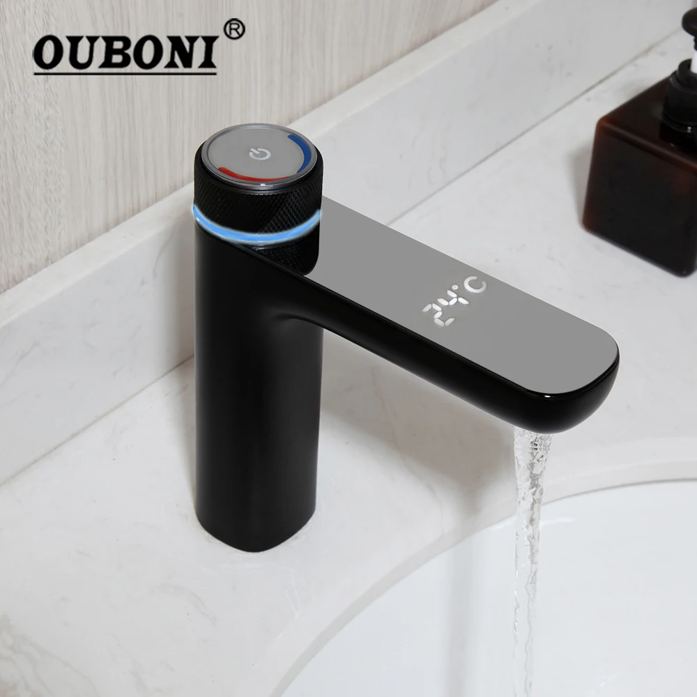 

OUBONI Black High-Tech Basin Faucet Water Generating Digital Display Mixer Hot Cold Water Tap Chrome Stream Modern Design Faucet