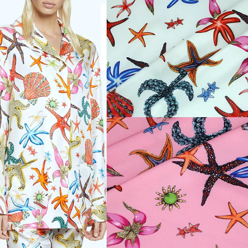 Colorful Starfish Printed Imitate Silk Satin Fabric For Sew Women's Dress Blouse Pajamas DIY Cloth Sewing Material