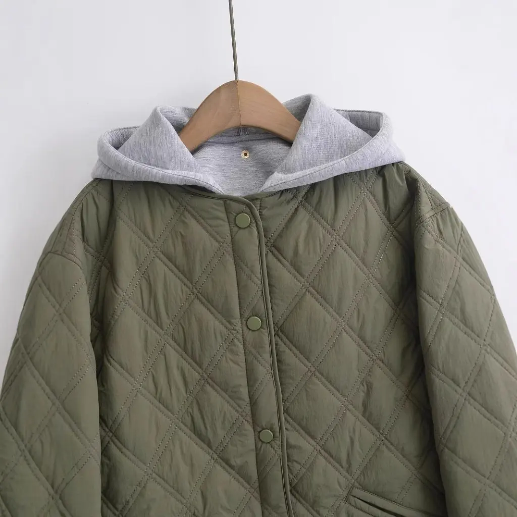 

Осенняя новая куртка с капюшоном в европейском и американском стиле, повседневное пальто с хлопковой подкладкой и длинными рукавами, двухсекционное пальто с ромбической строчкой для