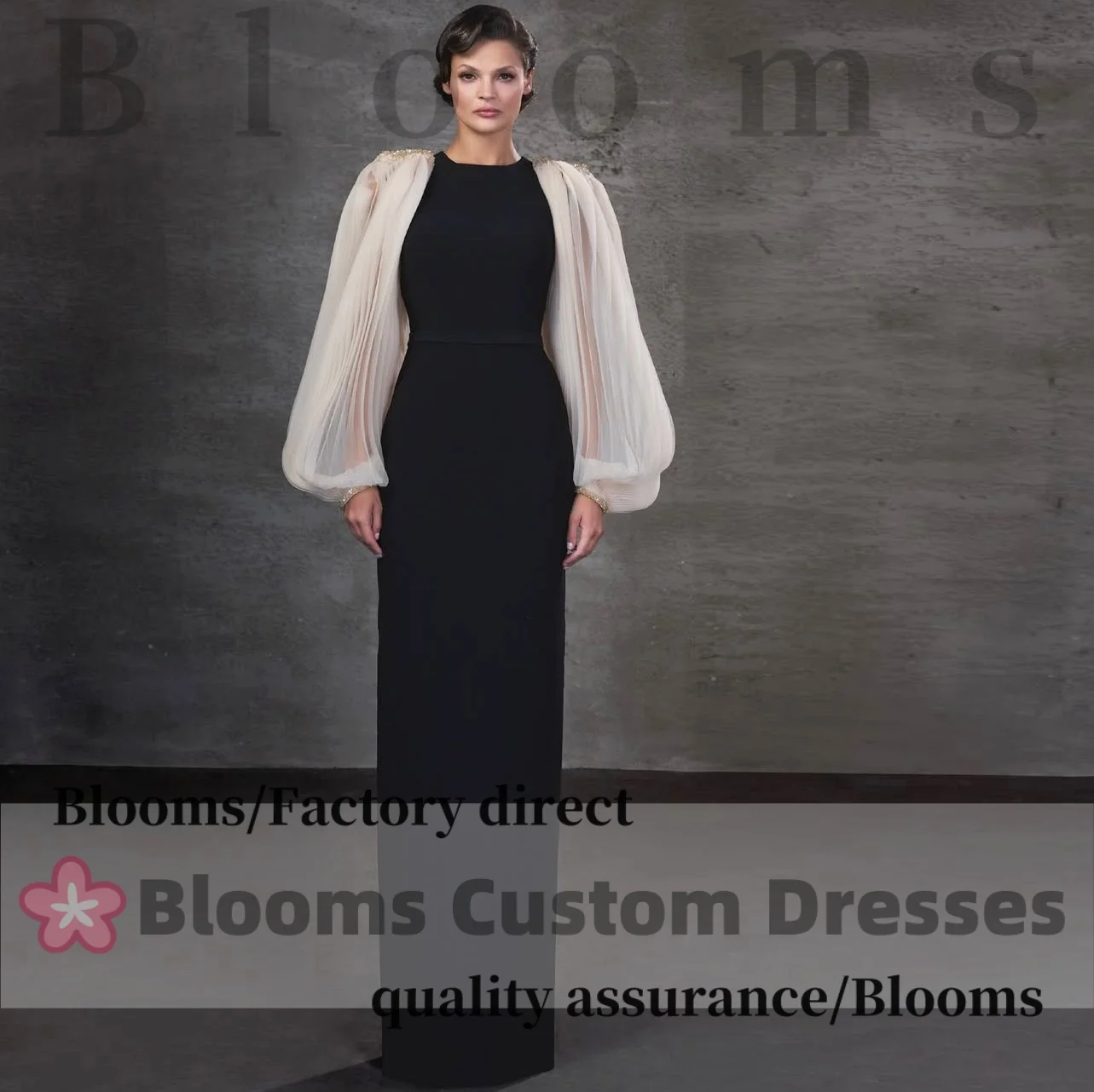 

Customized Pleats Puff Long Sleeves Elegant Women Black Evening Dresses For Formal Occasion Straight Prom Dress Party Gown
