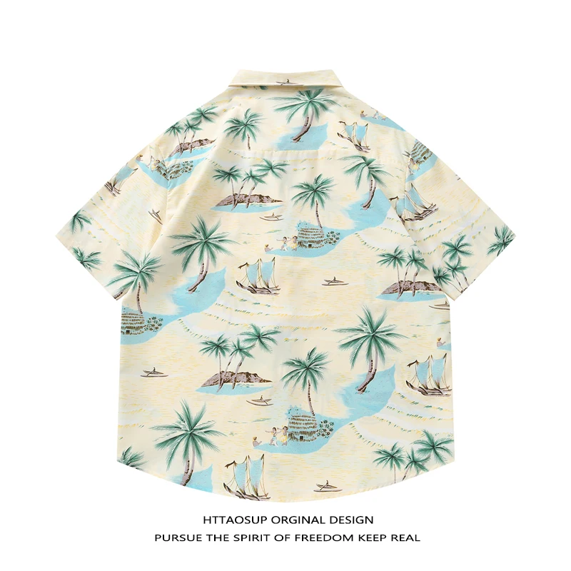 HTTAOSUP Hawaiian Print Beach Side Casual Men's Loose Fit Short Sleeve Shirt Summer Vacation Style Polyester Fiber Blouse