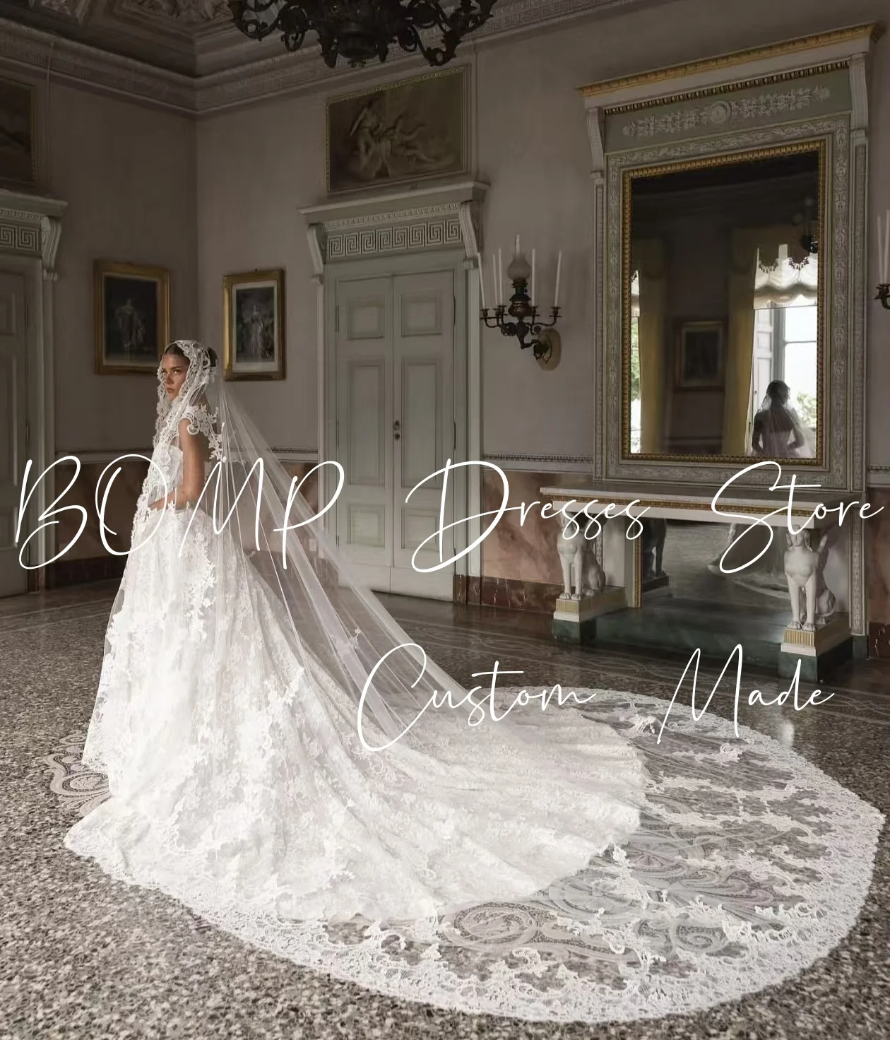 BOMP Princess White Lace Wedding Dress Strapless Corset A-Line Royal Train Bridal Gown Customized Luxury Vestido de novia