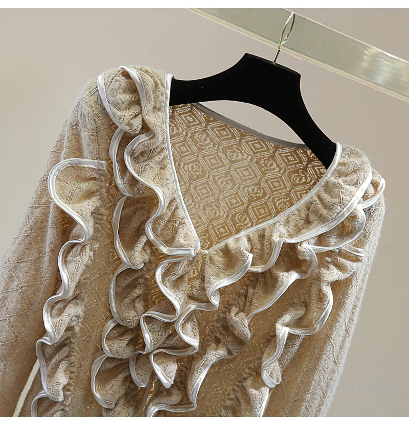 Small Ruffle Leaf Edge Splicing Long-sleeved Shirt Women Spring Winter High Waist Short Striped Color Matching Lace Blouses