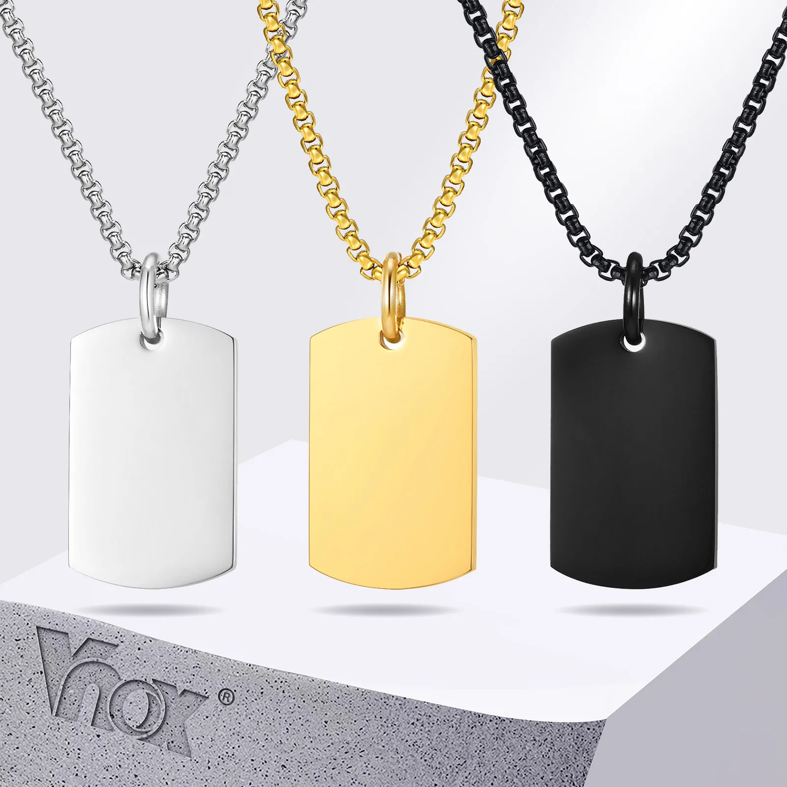 Vnox Small Thick Dog Tag Necklaces for Men Boys, Military Dogtags Pendant,Black Silver Color Stainless Steel Collar Gift for Him