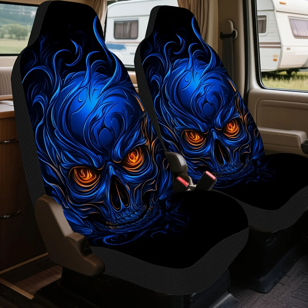 2pcs Gothic Car Seat Covers Set - Fiery Blue Skull Print, Breathable & Durable Polyester, Fit For Sedans, SUVs, MPVs - Easy Inst