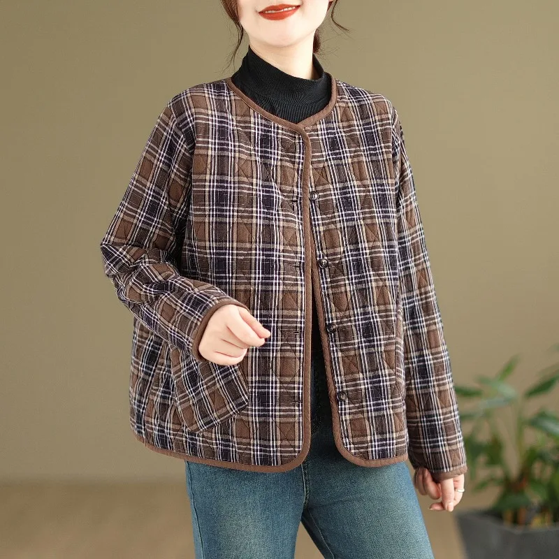 

Vintage Cotton Padded Plaid Patchwork Women Coats Autumn Winter Thicken Warm O-Neck Single-breasted Elegant Cozy Simple Jackets