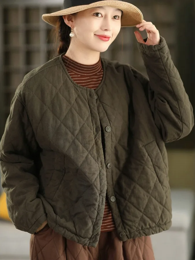 

Authentic 2025 Winter Thiened Waed Pure Cotton Plaid Warm Coat Ladylike Loose Fit Long Sve round Ne Single Button Cl...