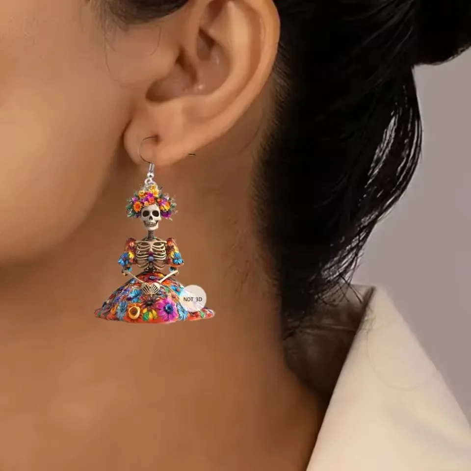 Cute Cartoon Funny 2D Dopamine Colored Flowery Dress Monster Dangle Earrings for Women Men Halloween Christmas Jewelry
