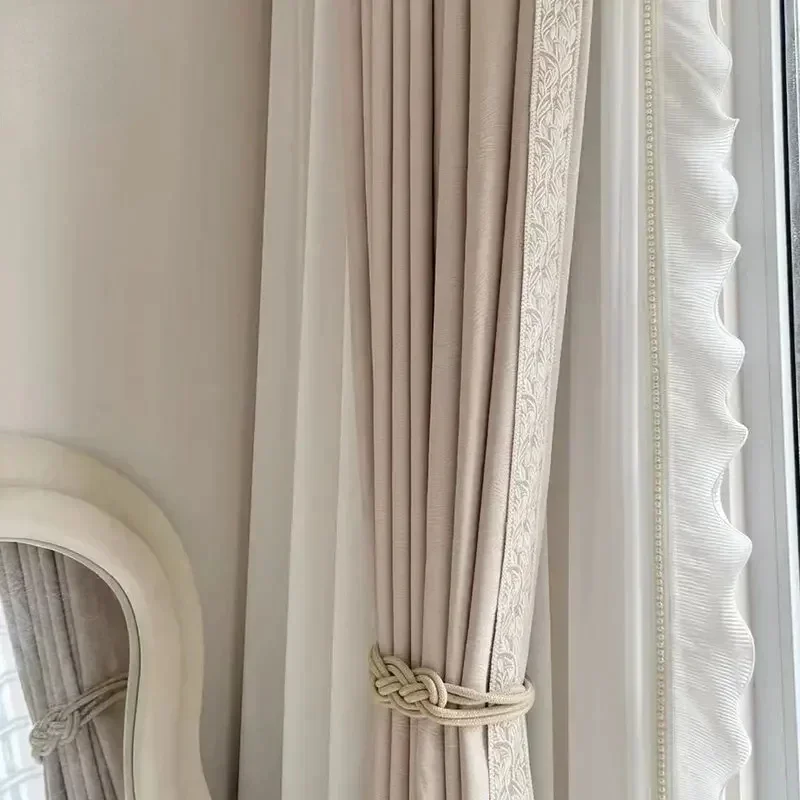 French Curtains For Living Dining Room Bedroom Cream Cured Embossed Chenille Texture Thick Window White Tulle Sheer Curtain