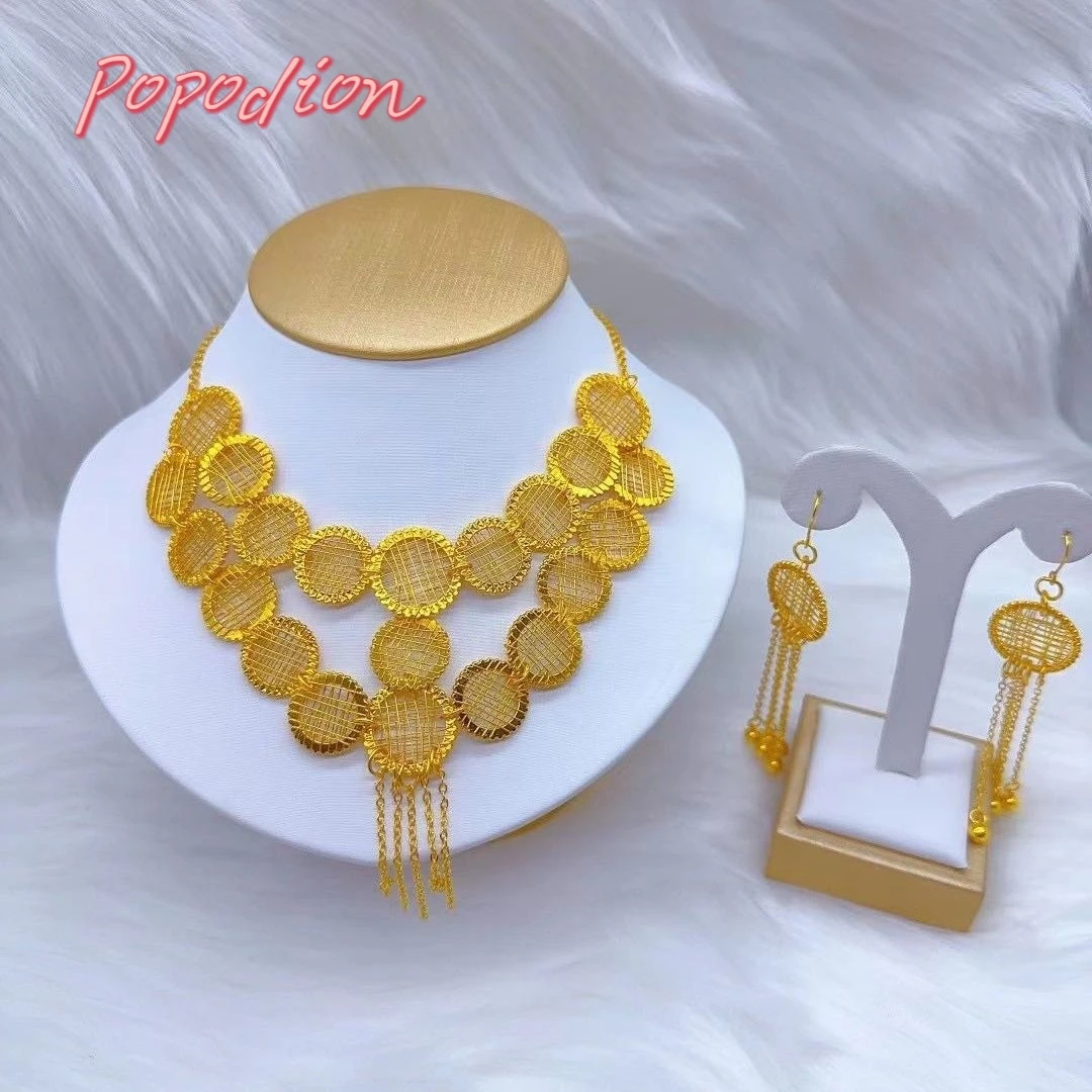 New Dubai 24K Gold Plated Necklace Women's Earrings Fashion Jewelry Two Piece Set Popodion YY10387