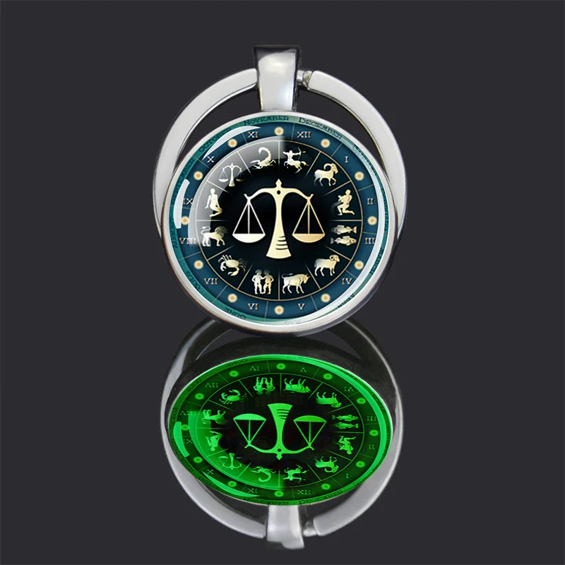 12 Constellation Keychains Luminous Zodiac Sign Glass Dome Double Side Pendant Key Chains Birthday Gift Car Keyring  Accessory