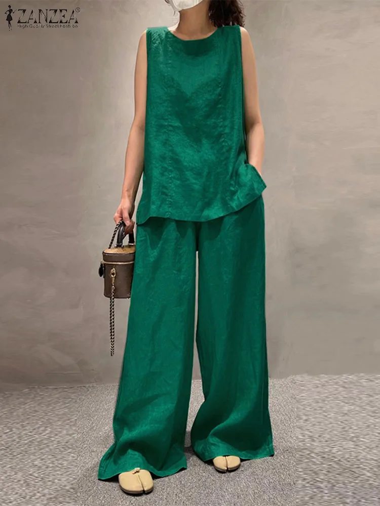 

ZANZEA Casual Office Sets Tank Tops Summer 2023 Pant Sets Holiday Solid Color 2pcs Outfits Wide Leg Trousers Women Tracksuits