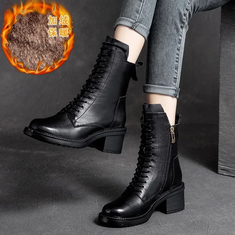 Birkuir Winter Plush Warm Boots Genuine Leather Women Snow Boots 6cm Thick Heel Shoes Handmade Side Zip Leisure Platform Boots