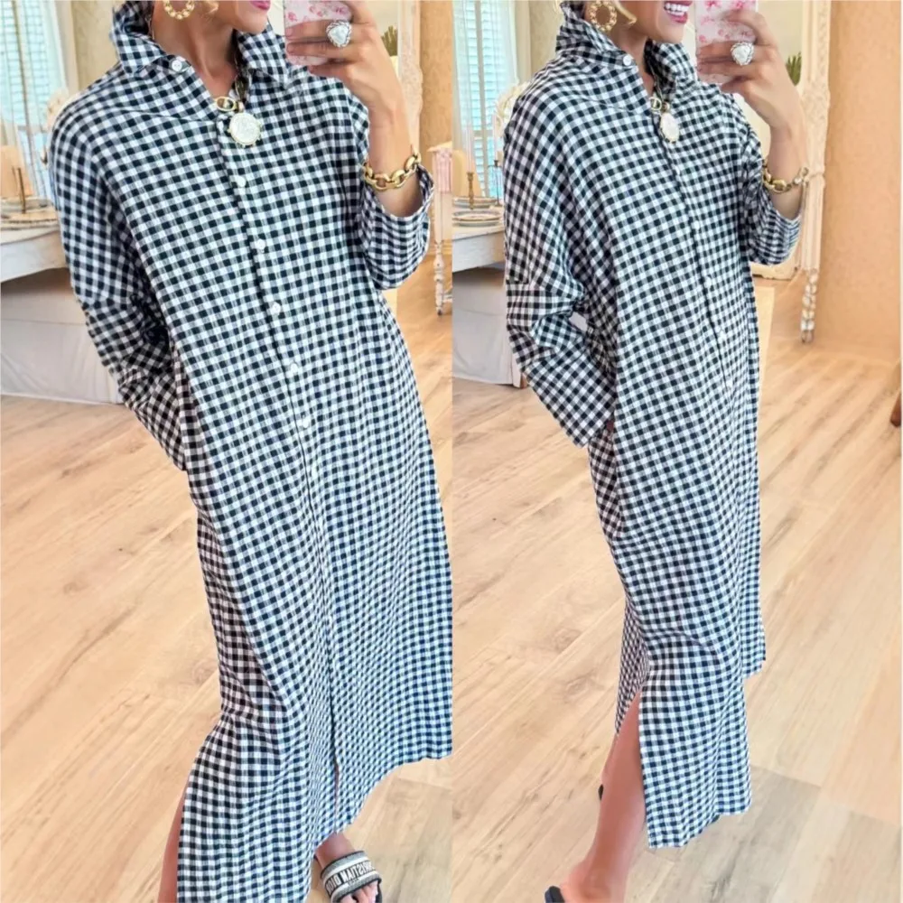 

2026 Spring Women's Casual Dresses Shirt Dress Vestidos Largos Homewear Lattice Long Sleeves Loose Slit Buttons Contrast Trendy