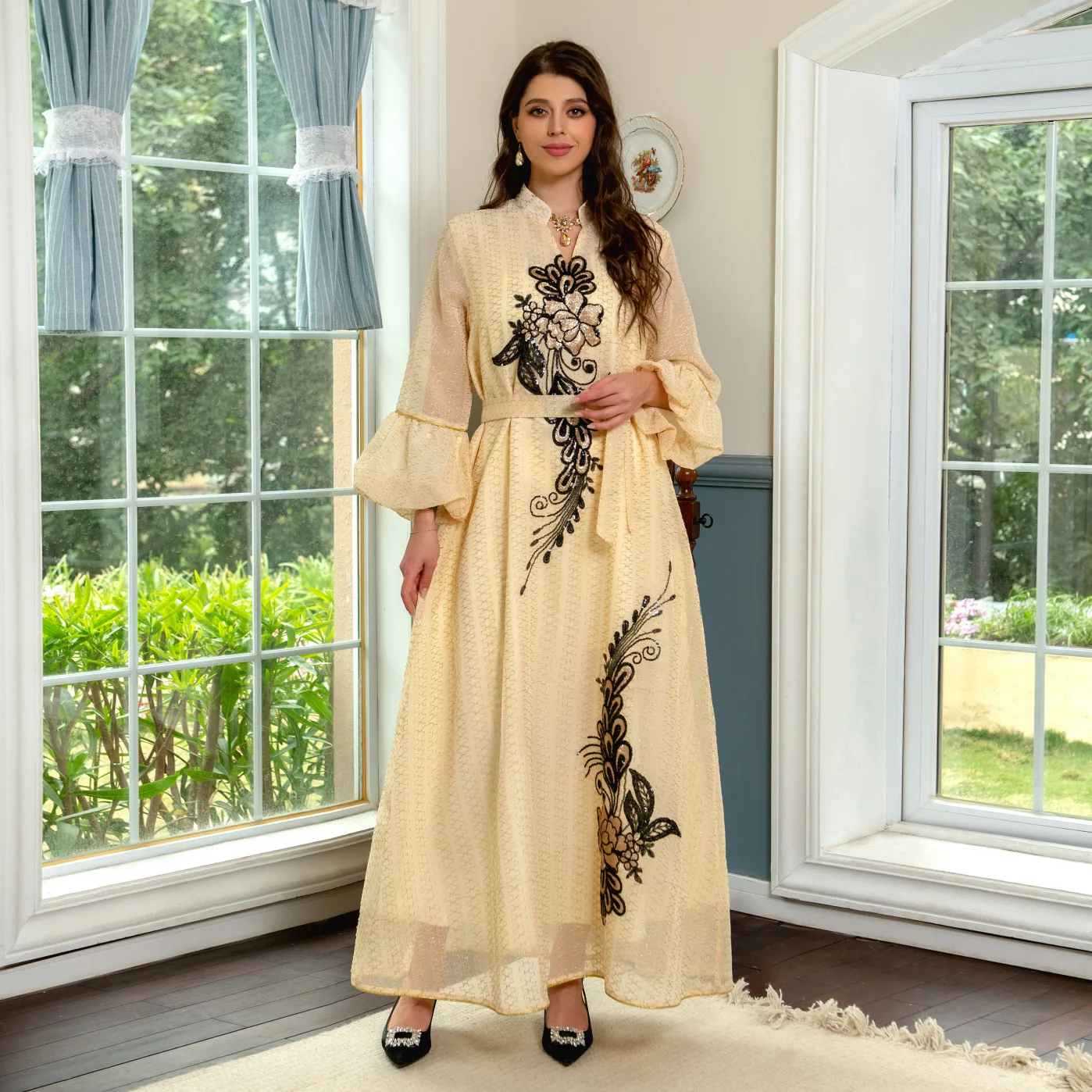 

2026 Spring Summer Muslim Women's Embroidered Kaftan Dress Long Maxi Abaya Ethnic Robe Gown Ramadan Eid Outfit