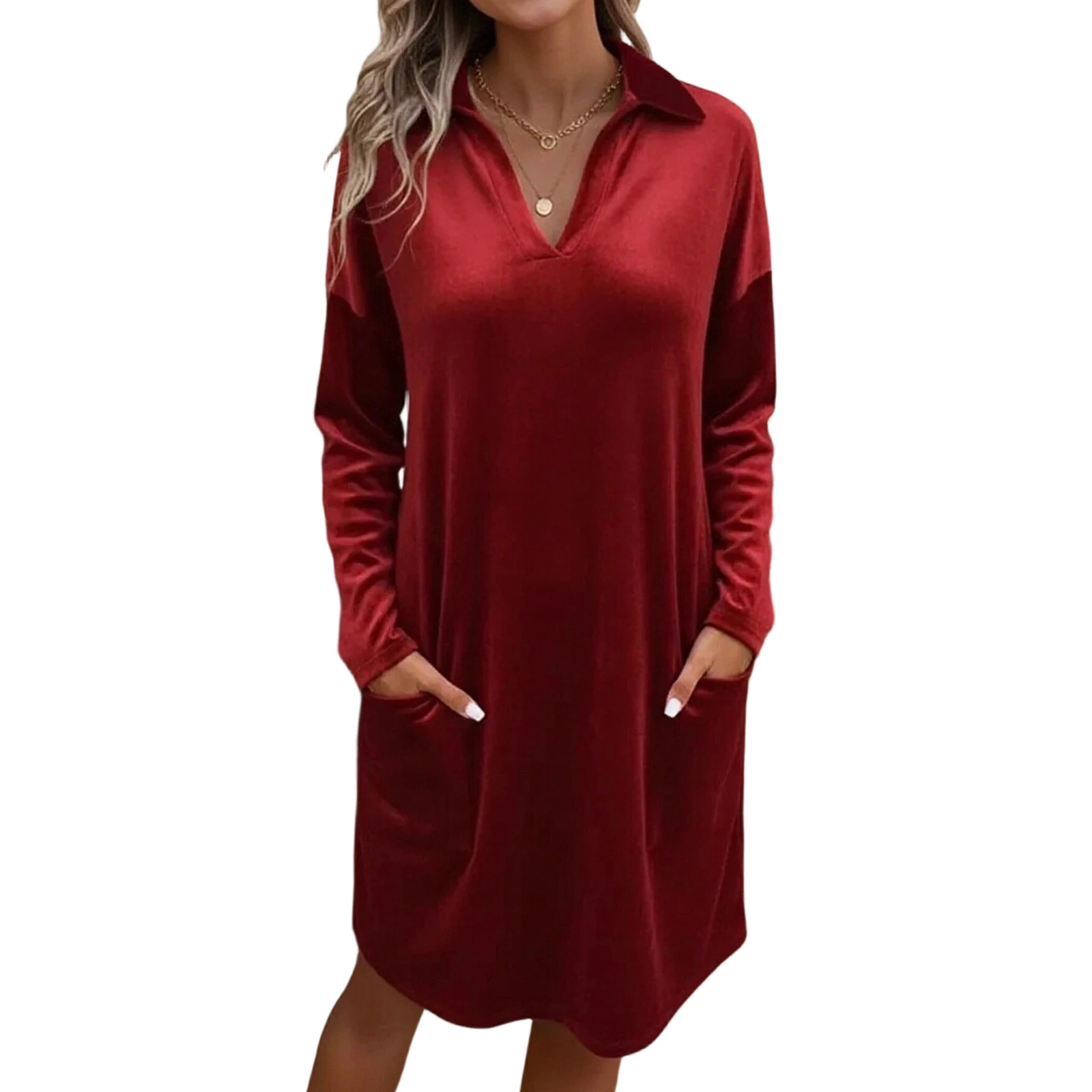 Casual damesjurk met lange mouwen, V-hals, trui, fluwelen midi-jurk, lente en herfst, bruiloftsgastjurk, feestjurk