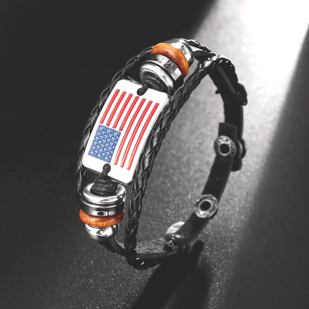 Multilayer Leather Woven American Flag Beaded Bracelets Glamour Men's Bracelets Fashion Jewelry Hip Hop Punk Accessories Wholesa