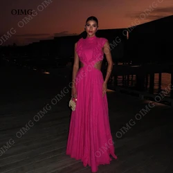 OIMG Hot Pink High Neck A-Line Chiffon Formal Prom Cocktail Dresses Ruched Women Evening Party Dress Gowns Vestidos 2024