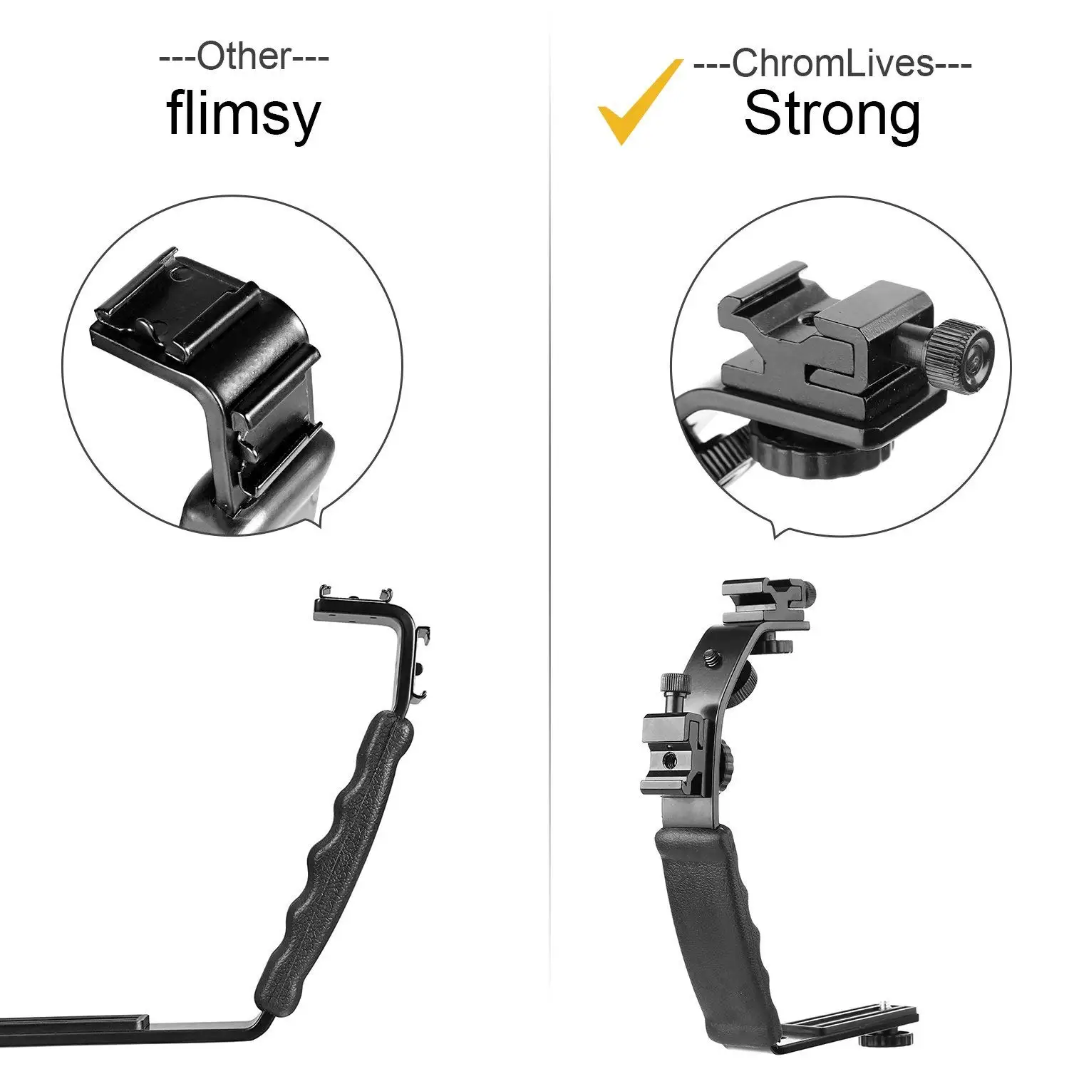 Uchwyt kamery L uchwyt wideo uchwyt L podwójny uchwyt lampy błyskowej do montażu na zimno 1/4 cala śruba statywu, Heavy Duty wyściełany ściskacz Dslr