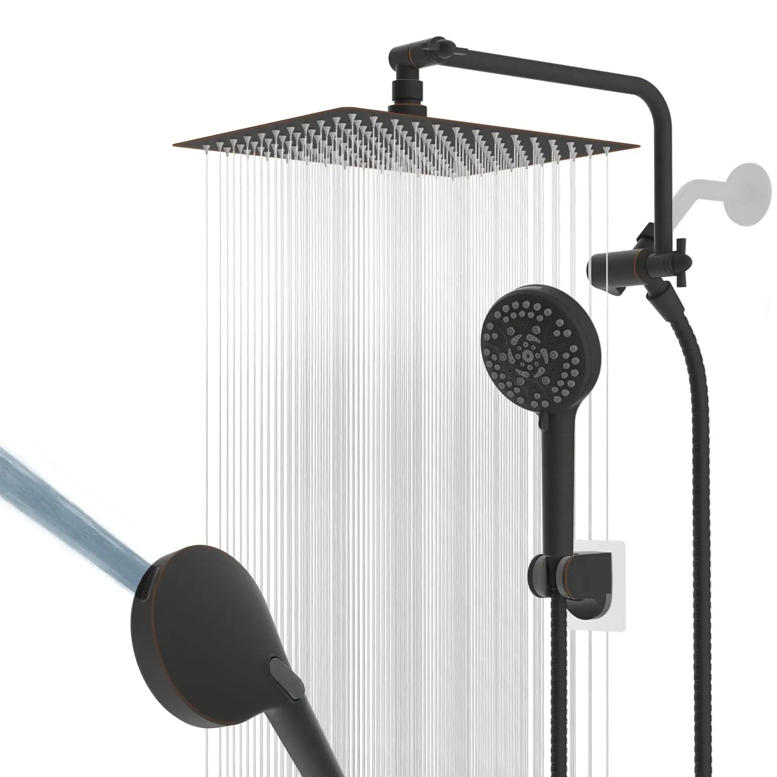 

12 Inch Stainless Steel Rainfall Shower Head With 10-Setting Handheld Combo And Adjustable Extension Arm