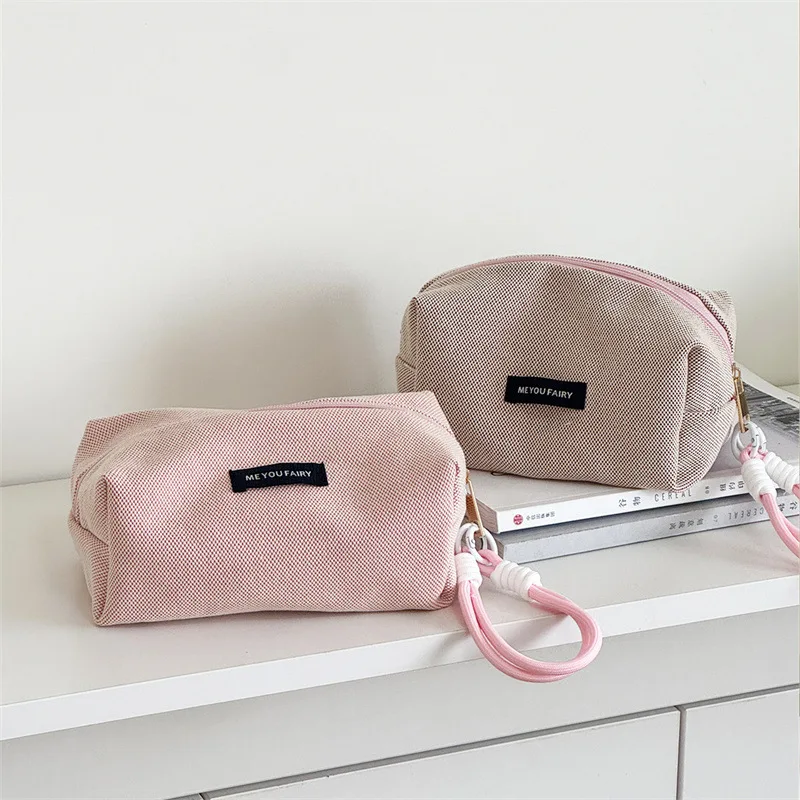

Simplicity Multifunctional Women Cosmetic Bag Brown Pink Color Student Girl Pencil Case with Lanyard Set Large Capacity Storage