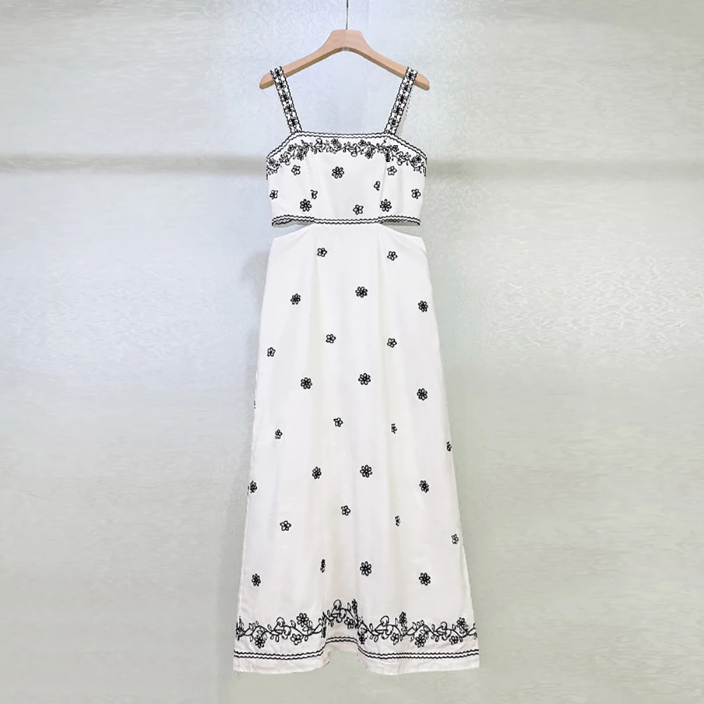 

Linen Blend Women's Dress Y2k Floral Embroidery Sexy Waistless Elegant Commuter Sheath Sleeveless Halter Dress 2025 Summer New